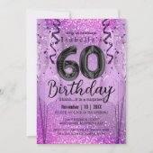 Paarse en Roze Glitter 60e Verjaardag Uitnodiging (Voorkant)
