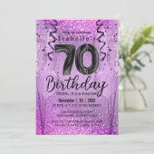 Paarse en Roze Glitter 70th Birthday Invitation Kaart (Staand voorkant)