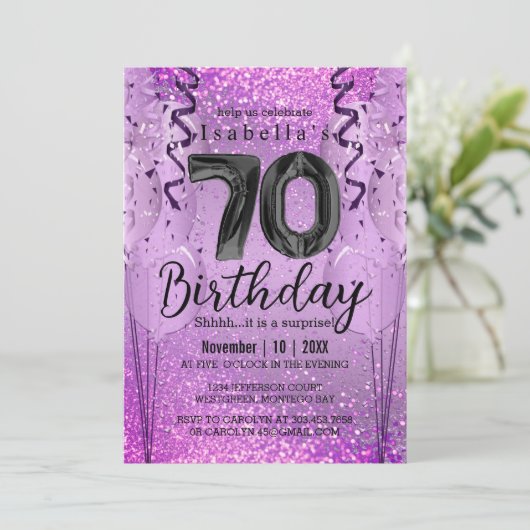 Paarse en Roze Glitter 70th Birthday Invitation Kaart (Staand voorkant)