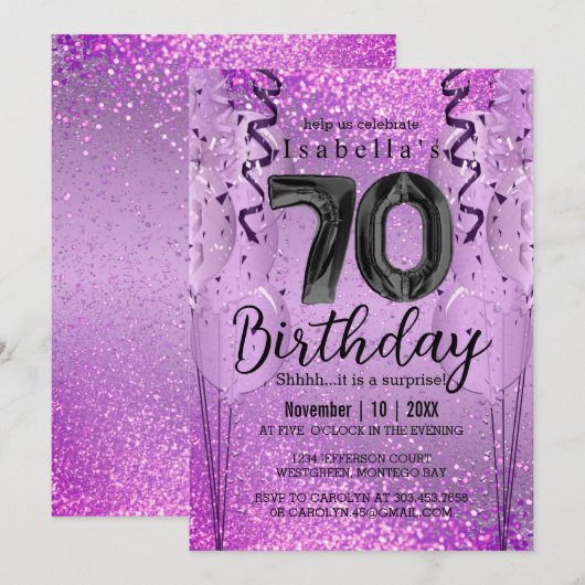 Paarse en Roze Glitter 70th Birthday Invitation Kaart (Voorkant / Achterkant)