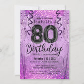 Paarse en Roze Glitter 80th Birthday Invitation Kaart (Voorkant)
