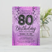 Paarse en Roze Glitter 80th Birthday Invitation Kaart (Staand voorkant)
