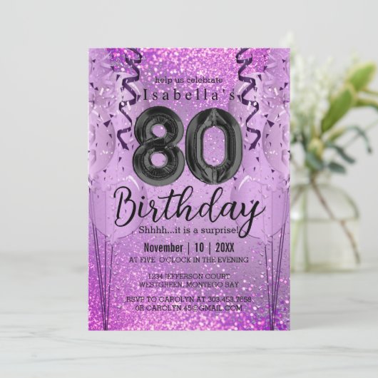 Paarse en Roze Glitter 80th Birthday Invitation Kaart (Staand voorkant)