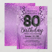 Paarse en Roze Glitter 80th Birthday Invitation Kaart (Voorkant / Achterkant)