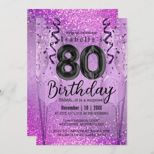 Paarse en Roze Glitter 80th Birthday Invitation Kaart (Voorkant / Achterkant)