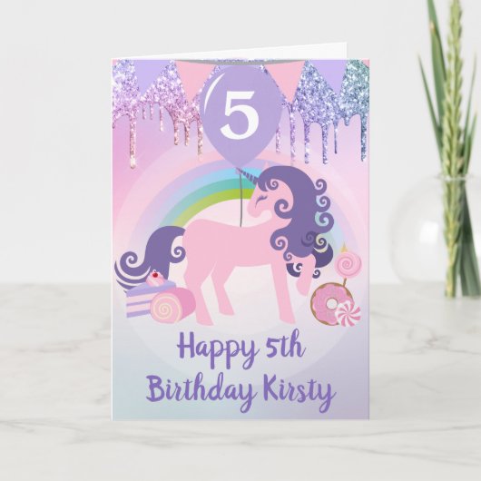 Paarse en Roze Glitter Eenhoorn Snoep Verjaardag Kaart (Voorkant)