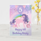 Paarse en Roze Glitter Eenhoorn Snoep Verjaardag Kaart (Gele Bloem)