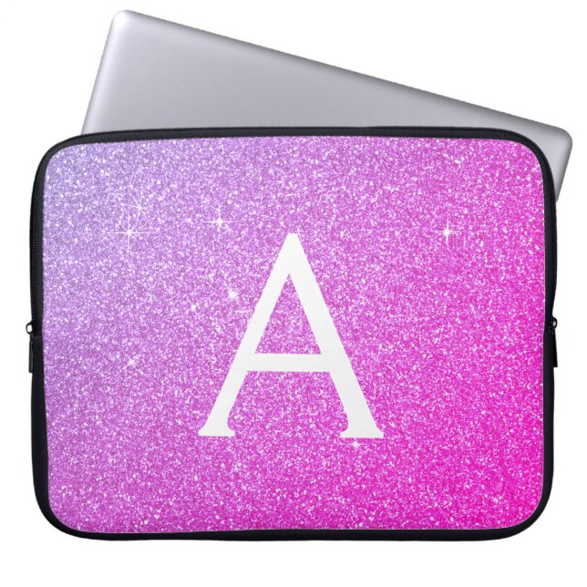 Paarse en roze glitter en spaarmonogram laptop sleeve (Voorkant)
