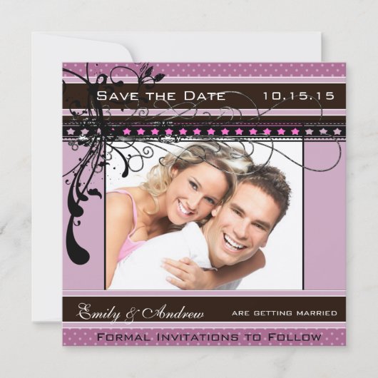 Paarse en Roze Huwelijksfoto Save the Date Kaart (Voorkant)