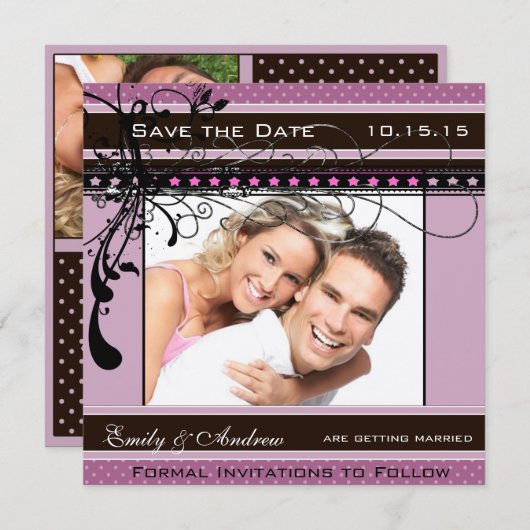 Paarse en Roze Huwelijksfoto Save the Date Kaart (Voorkant / Achterkant)