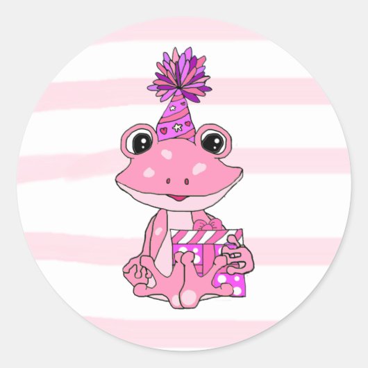 Paarse en Roze Kikker Meisje Verjaardag Ronde Sticker (Voorkant)