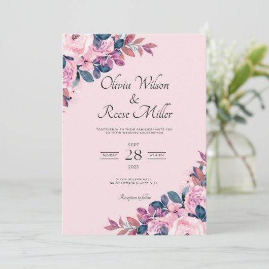 Paarse en Roze  klassieker bruiloft uitnodiging (Staand voorkant)