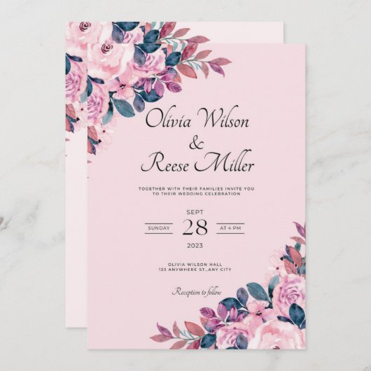 Paarse en Roze  klassieker bruiloft uitnodiging (Voorkant / Achterkant)