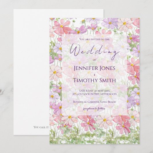 paarse en roze kosmos bloemen aquarel kaart (Voorkant / Achterkant)