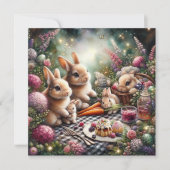 Paarse en roze lente bloemenkonijn paaspicknick feestdagenkaart (Voorkant)