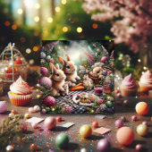 Paarse en roze lente bloemenkonijn paaspicknick feestdagenkaart