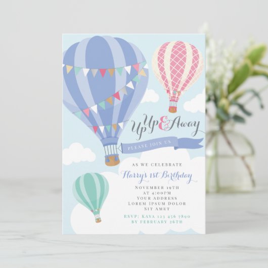 Paarse en roze luchtballon - uitnodiging van afgel (Staand voorkant)