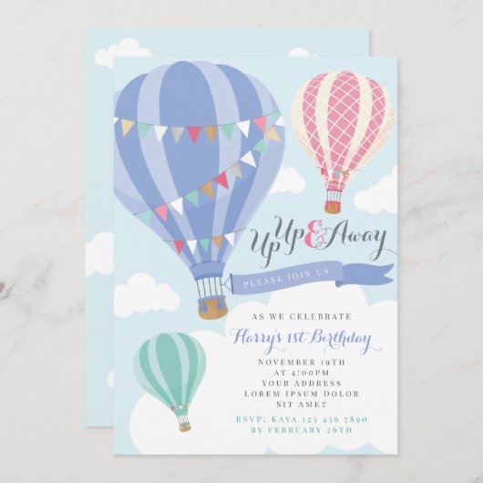 Paarse en roze luchtballon - uitnodiging van afgel (Voorkant / Achterkant)