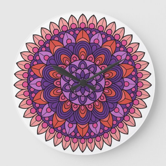 Paarse en roze mandala grote klok (Voorkant)