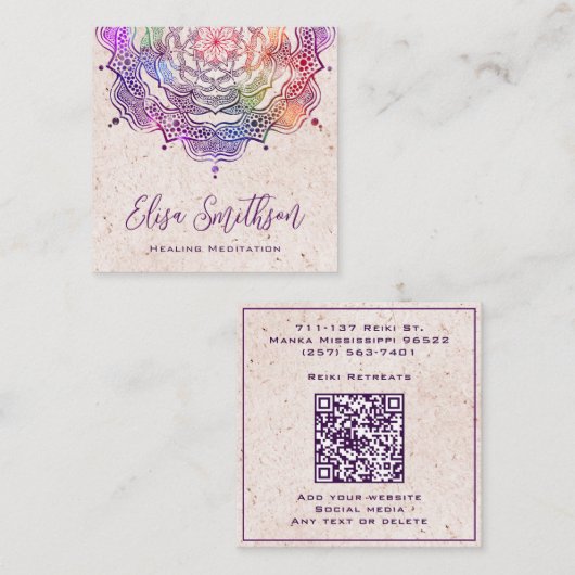 Paarse en roze Mandala Reiki Healing Meditatie Vierkante Visitekaartje (Voorkant / Achterkant)