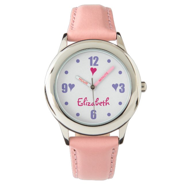 Paarse en roze met harten en naam horloge (Voorkant)