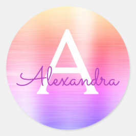 Paarse en roze metalen monogram ronde sticker