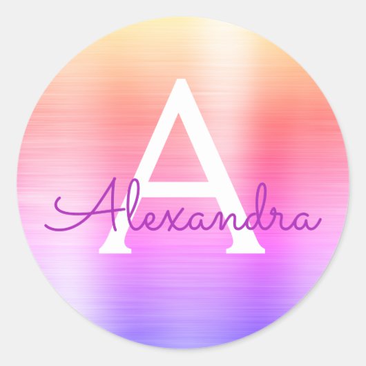 Paarse en roze metalen monogram ronde sticker (Voorkant)