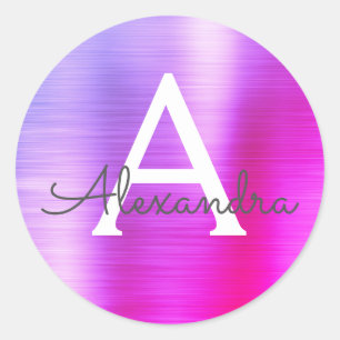 Paarse en roze metalen monogram ronde sticker