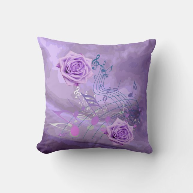 Paarse en roze Muzieknoten en Rozen Square Pillow Kussen (Voorkant)