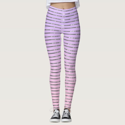 Paarse en roze ombre zilverstrepen strepen leggings (Voorkant)