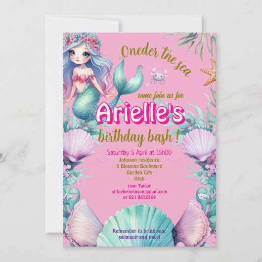 Paarse en roze Oneder het zee Zeemeermin verjaarda Kaart (Voorkant)