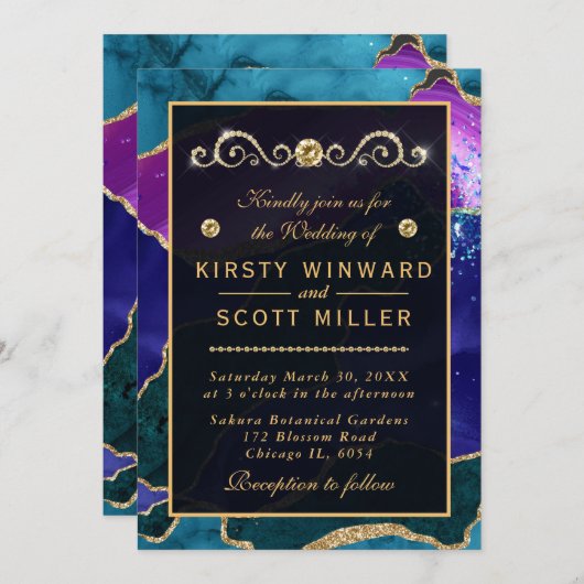 Paarse en roze pacock Agate & goudglitter Weddensc Kaart (Voorkant / Achterkant)