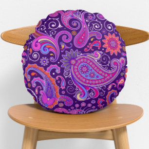 Paarse en Roze Paisley Groovy Rond Kussen