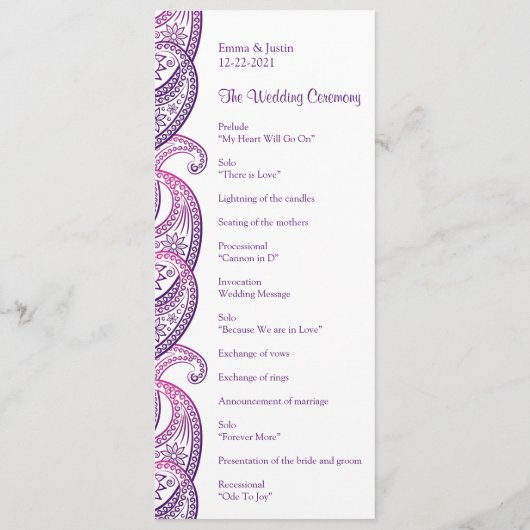 Paarse en roze paisley traditionele Indiase bruilo Programmakaart (Achterkant)