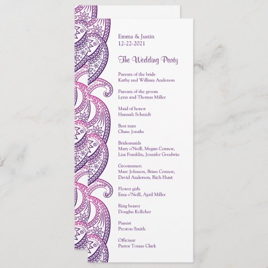 Paarse en roze paisley traditionele Indiase bruilo Programmakaart (Voorkant / Achterkant)
