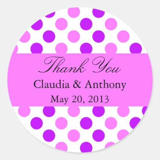 Paarse en roze pokadots bruiloft ronde sticker (Voorkant)