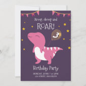Paarse en roze roar dinosaurus verjaardagsfeestje kaart (Voorkant)