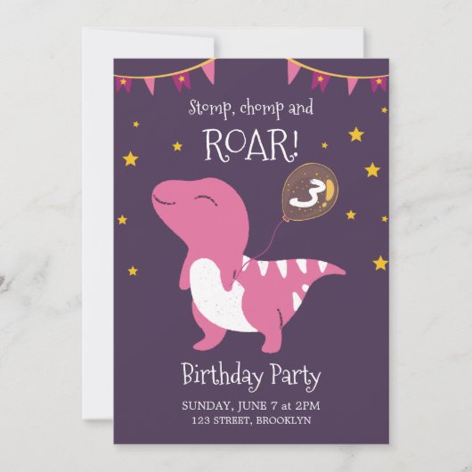 Paarse en roze roar dinosaurus verjaardagsfeestje kaart (Voorkant)
