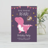 Paarse en roze roar dinosaurus verjaardagsfeestje kaart (Staand voorkant)