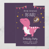Paarse en roze roar dinosaurus verjaardagsfeestje kaart (Voorkant / Achterkant)