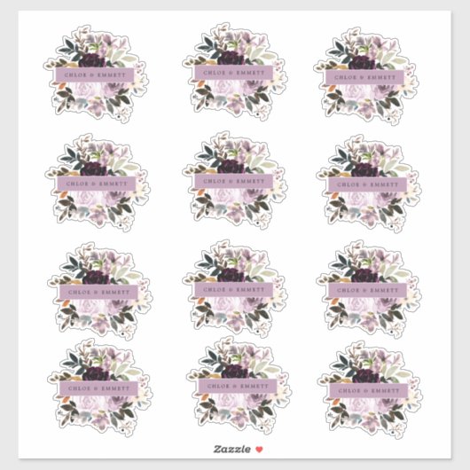 Paarse en roze roos bloemenbruiloft sticker (Vel)