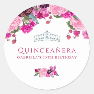 Paarse en Roze Rose Quinceanera Ronde Sticker