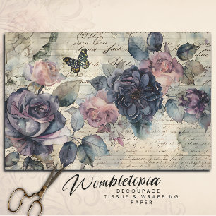  Paarse en roze rozen op oude script decoupage Tissuepapier