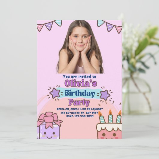 Paarse en roze speelse verjaardagsfeestje voor kin kaart (Staand voorkant)