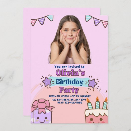 Paarse en roze speelse verjaardagsfeestje voor kin kaart (Voorkant / Achterkant)