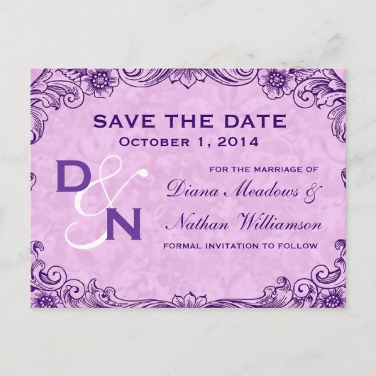 Paarse en Roze Swirl Save Date Briefkaart V028 (Voorkant)