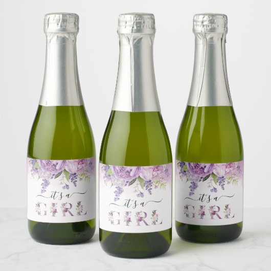 Paarse en roze tuin bloemen meisje Baby shower Sparkling Wijnetiket (Flessen)