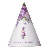 Paarse en roze tuinbloemen 1e verjaardag feesthoedjes (Voorkant)