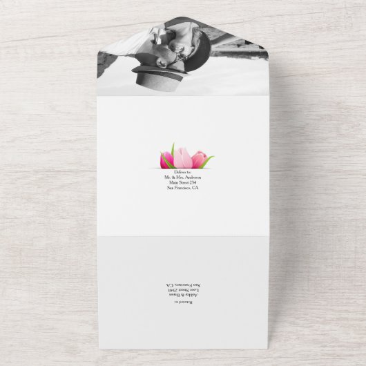 Paarse en roze tulpen bruiloft all in one uitnodiging (Buitenkant)