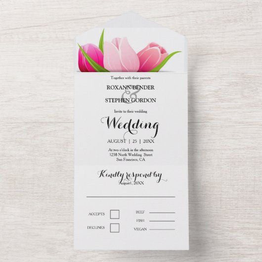 Paarse en roze tulpen bruiloft all in one uitnodiging (Binnen)